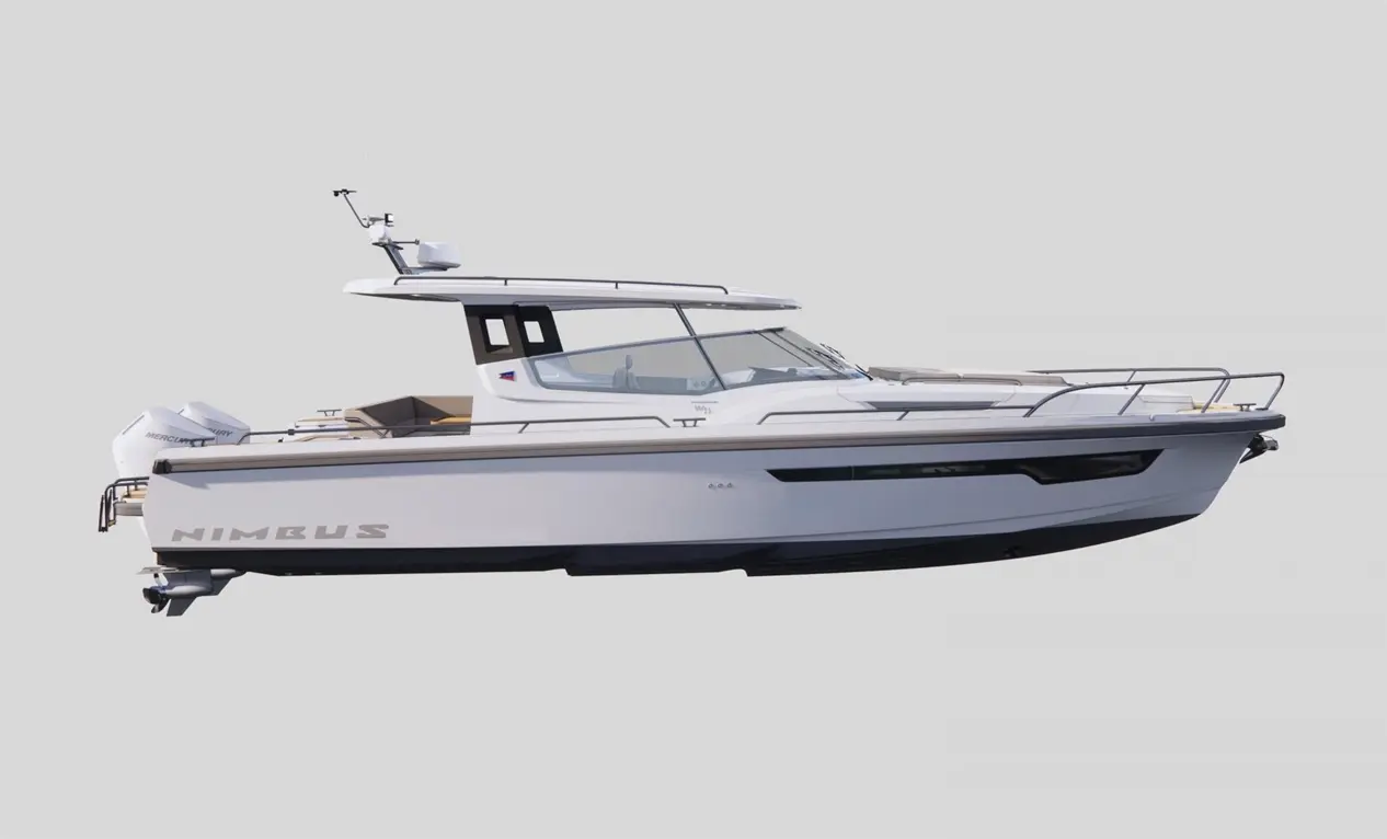 A sleek Nimbus boat with twin Mercury engines, highlighting modern design and spacious seating area, set against a neutral backdrop.